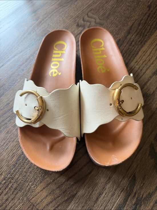 Chloe Shoes - Chloé Cream Leather Scalloped Slide Sandals with Gold Buckles